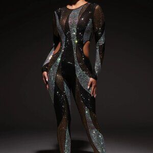 Jumpsuit Rhinestone size M thick sheer with black gold & silver